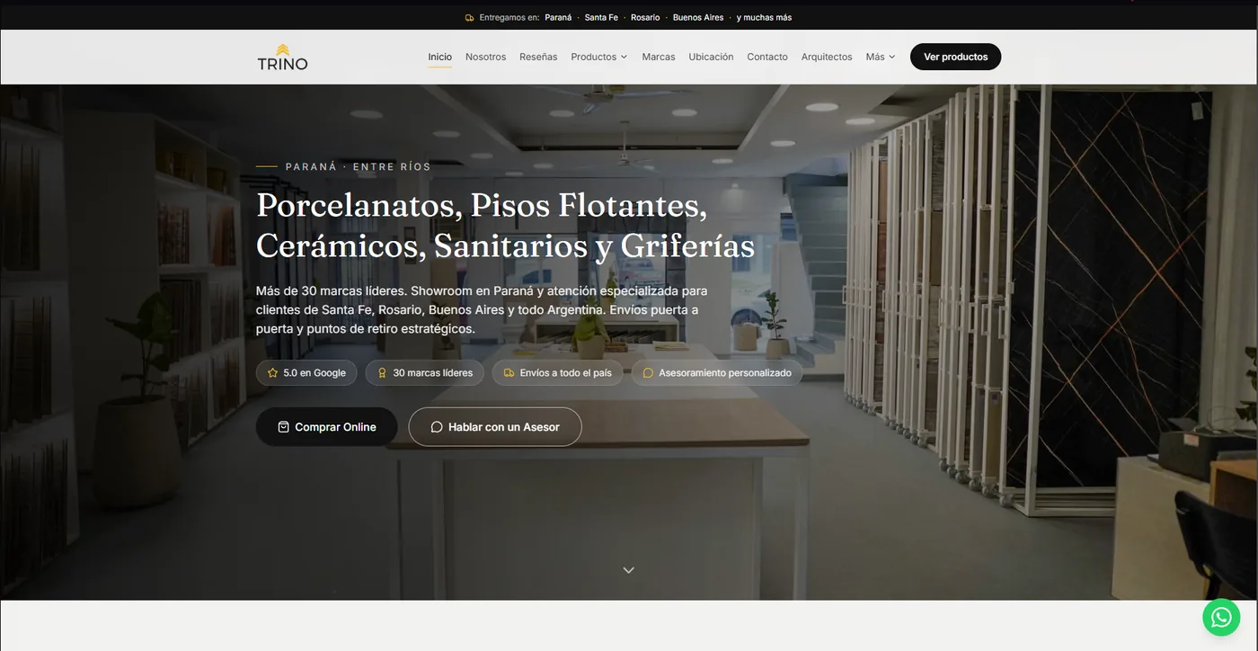 Sitio de Trino Diseños: catálogo de porcelanatos y sanitarios organizado por categoría, con ubicación del showroom y reseñas